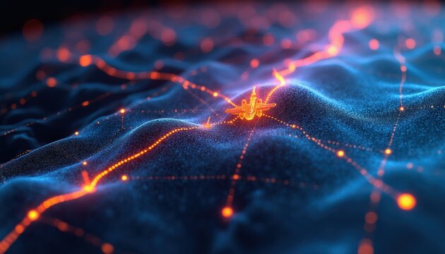 Aircraft flies over digital terrain map with glowing trajectory lines. Futuristic flight path visualization. Global navigation system with airplane icon on network mesh background. Data flow