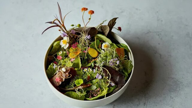 Edible flower salad with mixed green microgreen bowl of fresh vibrant blossoms and herbs