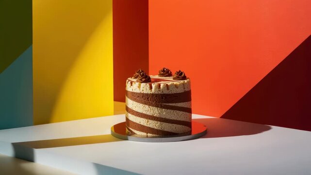 Chocolate swirl layer cake dessert with striped chocolate mousse pattern and geometric lighting