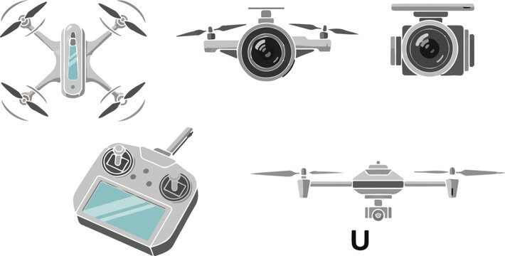 Modern drone technology vector set, aerial quadcopter with camera and remote control, unmanned aerial vehicle icons for surveillance and photography isolated PNG with Transparent Background