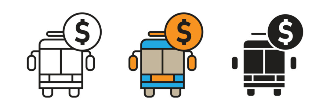 Bus with Dollar Coin Vector Icon. Bus icon with a dollar sign coin, representing public transport fares, ticket pricing, transportation costs, bus rental, and financial logistics.