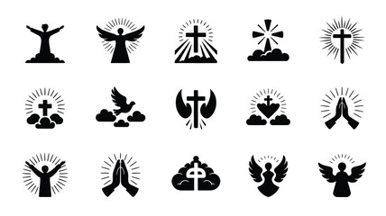 Obraz premium Collection of diverse religious and spiritual symbols including angels crosses praying hands and divine light radiating outwards representing faith hope and devotion in a flat