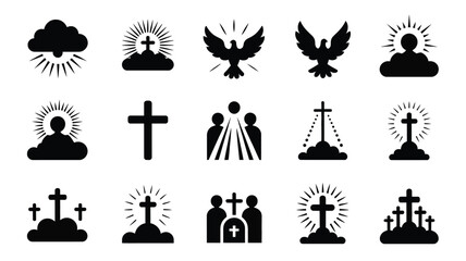 Fototapeta premium Collection of black silhouette religious icons featuring crosses dove clouds and figures in sacred settings illustrating faith spirituality and hope with radiant light effects
