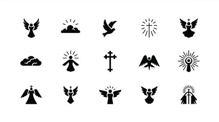 Fototapeta premium Collection of religious and spiritual vector icons featuring angels crosses doves and divine light symbols for sacred concepts and faith based designs clean flat style