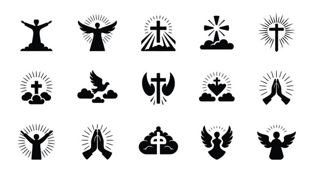 Collection of diverse religious and spiritual symbols including angels crosses praying hands and divine light radiating outwards representing faith hope and devotion in a flat