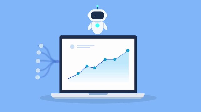 Clean animated video of an AI robot hovering above a laptop with a rising data chart and money bag icon, representing financial savings, fund management, analytics, and business growth automation.