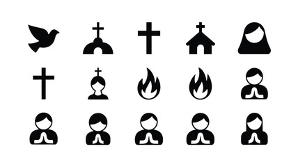 Obraz premium Collection of clean modern flat design religious and spiritual icons in black silhouette representing faith prayer and community for digital or print applications