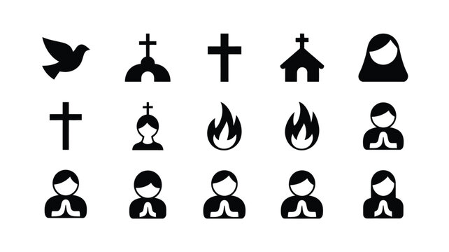 Collection of clean modern flat design religious and spiritual icons in black silhouette representing faith prayer and community for digital or print applications