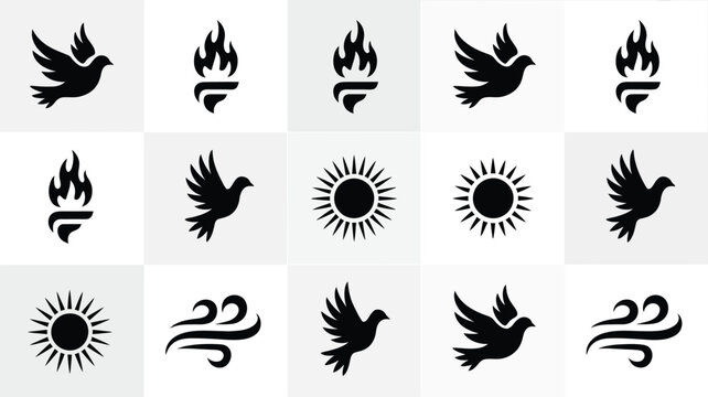 Collection of modern vector graphic icons representing peace freedom energy and nature featuring stylized doves flames suns and wind swirls on a clean geometric grid background
