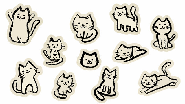 Hand Drawn Cats Collection Sketch Style on Beige Background