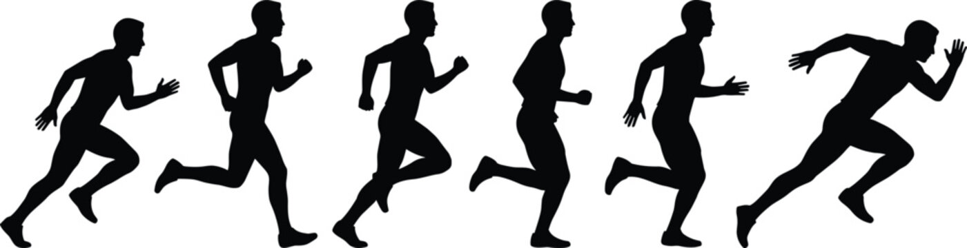Running people silhouettes set isolated on white background, active lifestyle concept, jogging and sprinting motion sequence, fitness training, minimal vector illustration for sports, health