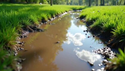 Fototapeta premium Close-up of muddy water stream on green grassy field reflecting blue sky with white clouds. Nature scenery on bright sunny spring day after rain.