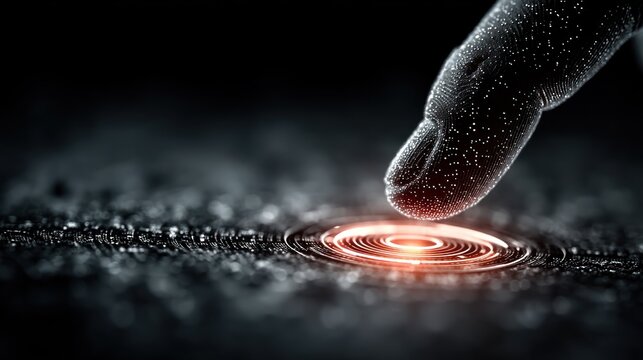 Glowing fingertip touches a circular lit pattern on a dark, textured surface