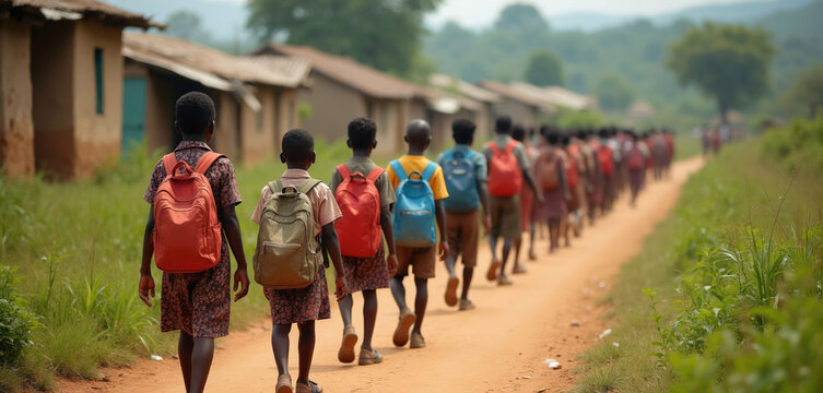 African children with backpacks walk on dirt road to school in rural village. Young students in traditional uniforms travel outdoors, focusing on education and future opportunities.