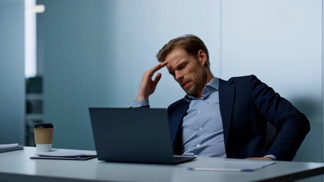Stressed businessman working on laptop in modern office environment. Represents the challenges of corporate life and the pressure of deadlines