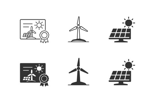 Renewable energy icons featuring wind turbines and solar panels.