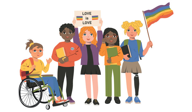 LGBT pride month banner. Teenagers of defferent nationalities vector illustration