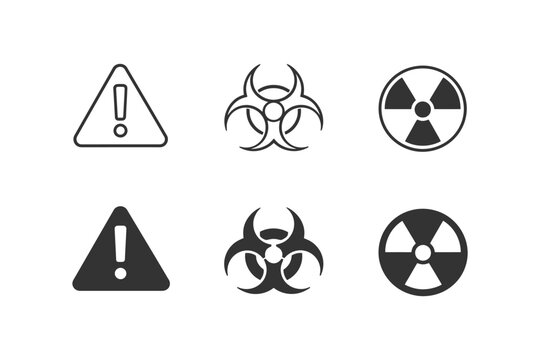 Collection of warning sign icons featuring alert, biohazard, and radioactive symbols.