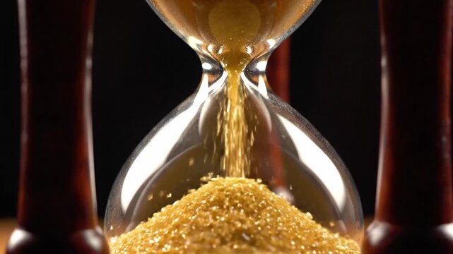 Gold Sand Pouring Through Hourglass, Macro Closeup Of Vintage Glass Timer With Amber Granules Trickling Into Mound On Dark Wooden Frame, Warm Lowlight And Soft Reflections Create Contemplative Yet