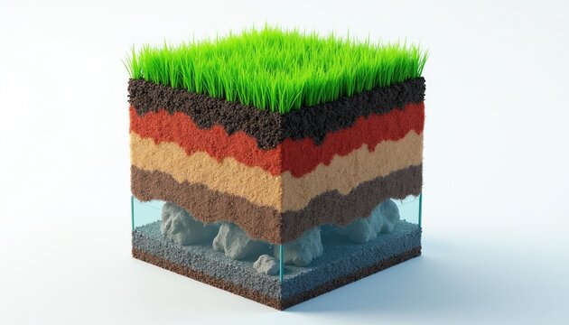 Cross section of earth cube showing soil layers grass topsoil subsoil rocks and water aquifer beneath. Realistic 3D model on white background.