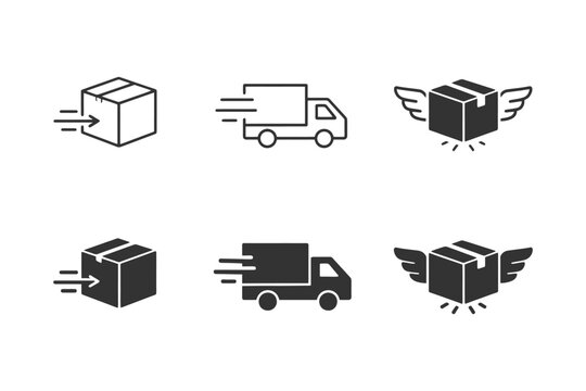 Delivery icons set: fast shipping, courier van, winged packages.