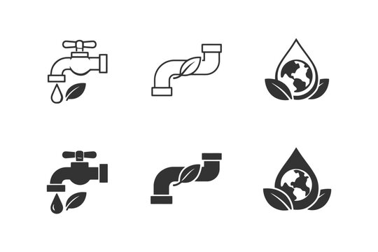 Eco-friendly water conservation icons featuring taps and earth motifs.