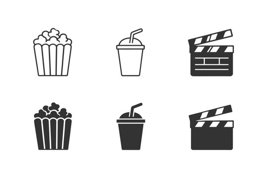 Cinema icon set: popcorn, soda, and clapboard graphics on white background.