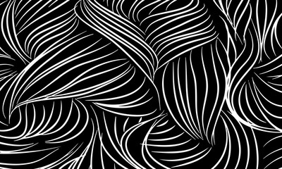 Obraz premium Abstract organic hand drawn white flow line pattern on black background. wavy curve lines.