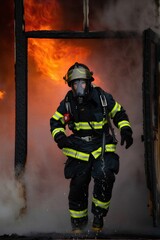 Fototapeta premium Vertical photo of a firefighter in full protective gear emerging from a burning building. Emergency responder wearing a helmet and breathing mask walking through flames and smoke. Fire rescue concept