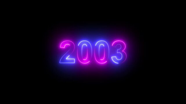 Futuristic glowing 2003 year neon sign digital display abstract background motion