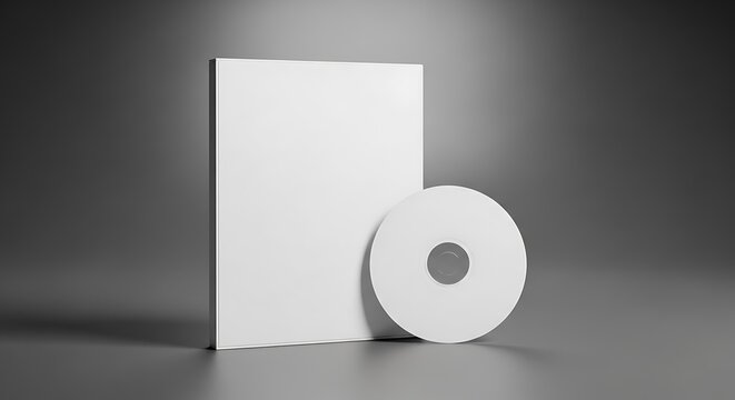 Minimalist White CD Case and Disc Mockup on Dark Gradient Background.