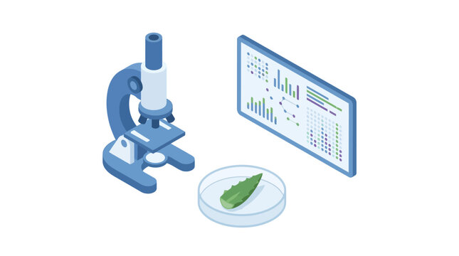 Isometric view of a microscope with a screen displaying scientific data illustration