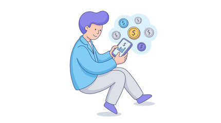 Fototapeta premium Man using tablet with coin icons representing financial data and growth