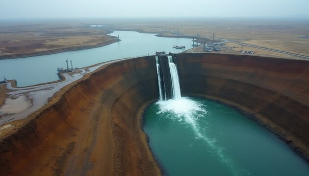 Tailings dam releases vast water flow. Industrial water reservoir with sludge overflow. Mining waste facility in arid landscape, environmental issue.