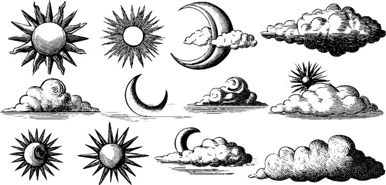 Vintage engraved celestial borders and star illustrations sheet with sun moon and cloud motifs for clipart and decorative border design