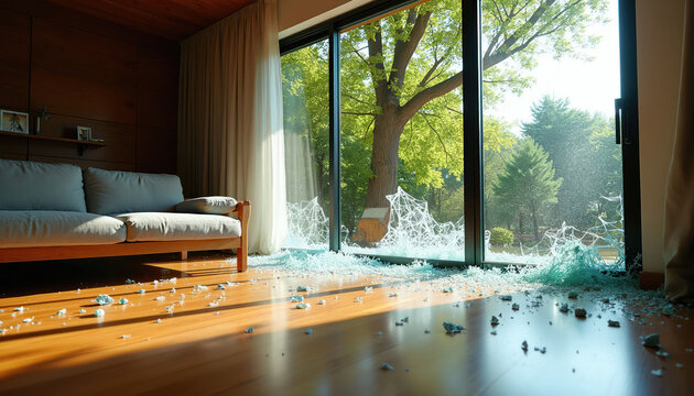 Modern living room with shattered sliding glass door. Broken shards cover wooden floor after accident or disaster. Outside green trees visible through broken panes.