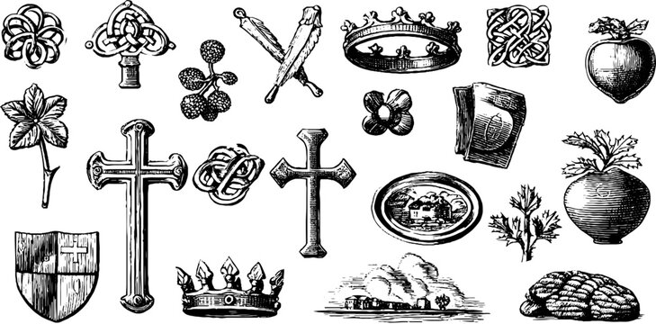 Vintage engraved celtic knots crowns and heraldic symbols clipart sheet with crosses shields and decorative emblems for ornament and border design
