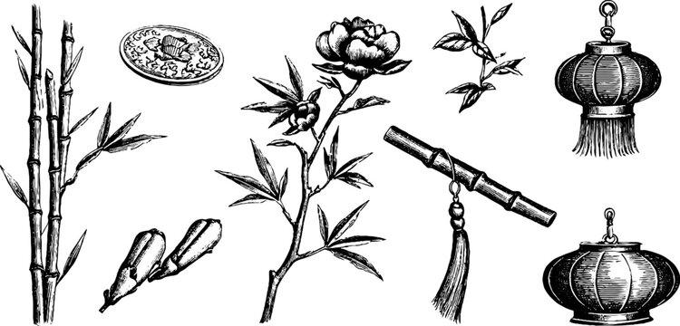 Chinese engraved peony and bamboo clipart sheet with lantern tassel and botanical elements for decorative labels packaging and greeting card design