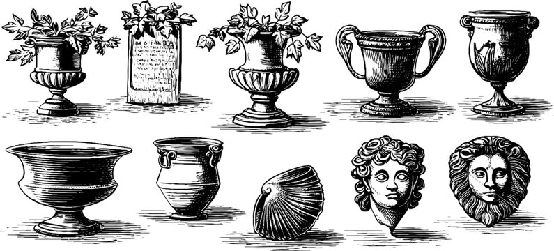 Vintage engraved classical urns and ivy vine clipart sheet with decorative urns and sculpted faces for antique design elements and printable borders