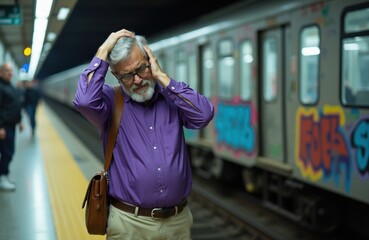 Fototapeta premium Elderly man holds head in hands on subway platform. He looks distressed next to graffiti covered train. Anxious passenger waits for delayed metro transportation.