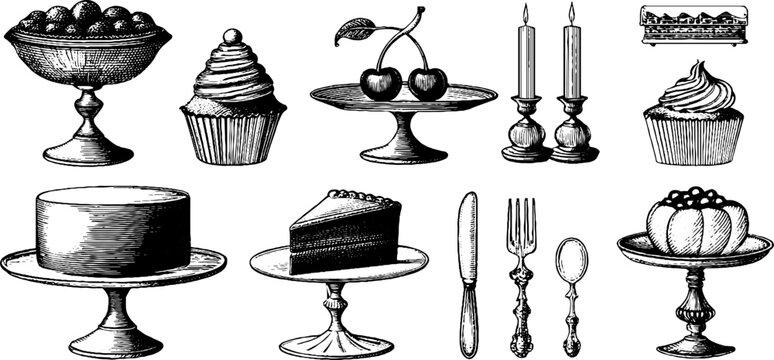 Vintage engraved cupcake and cake stand clipart sheet with pastries and tableware for printable labels background and bakery design