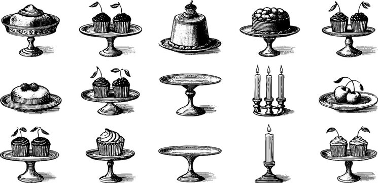 Vintage engraved clipart sheet of cake stands cupcake pedestals and dessert platters for party display background and confectionery product design