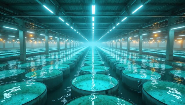 Modern indoor aquaculture farm with many rows of circular tanks full of blue water under bright industrial lights. This facility produces fish or shrimp sustainably.