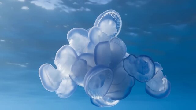Graceful jellyfish drifting through clear ocean waters. A mesmerizing display of marine life showcasing the beauty of underwater ecosystems