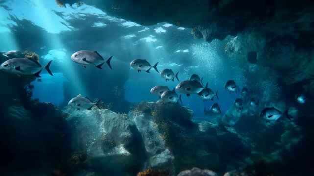 Underwater scene with a school of fish swimming through a sunlit ocean cave. A glimpse into marine life and the beauty of underwater ecosystems