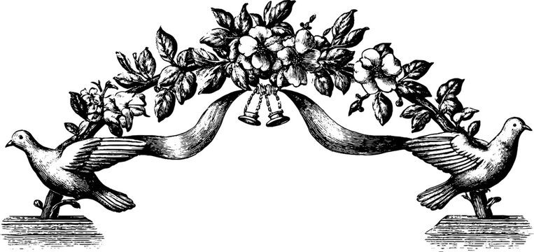 Vintage engraved twin doves and floral swag with bells ribbons and blossoms for wedding border background and ceremonial design