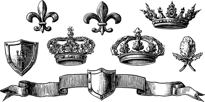 Vintage engraved heraldic decorative banner and emblem elements with crowns shields ribbons and lilies for ornate background and crest design