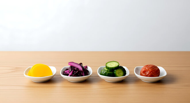 Minimalist. a delicate set of four different Japanese pickles (tsukemono) bright yellow takuan, purple shibazuke, green cucumber, red umeboshi, each in its own ceramic dish