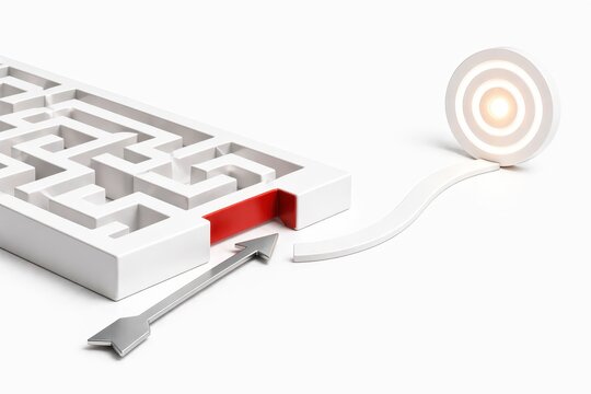 glossy white maze with a bright redirection gap guiding a single metallic arrow toward a glowing target ring changing direction to achieve a goal concept on white background