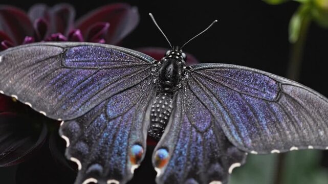 A beautiful orange and black swallowtail butterfly with delicate wings rests on a green leaf and colorful flower in a macro nature closeup